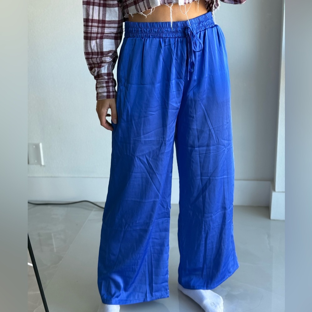 Silk Blue Wide-Leg Pants